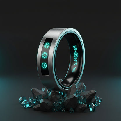 Silver digital ring with blue glowing display on a dark background