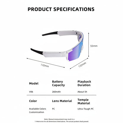 Product specifications of a pair of sunglasses with dimensions and technical details.