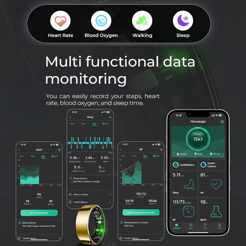 Smartwatch and smartphone app interface for multi-functional data monitoring on a dark background.