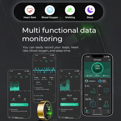 Smartwatch and smartphone app interface for multi-functional data monitoring on a dark background.