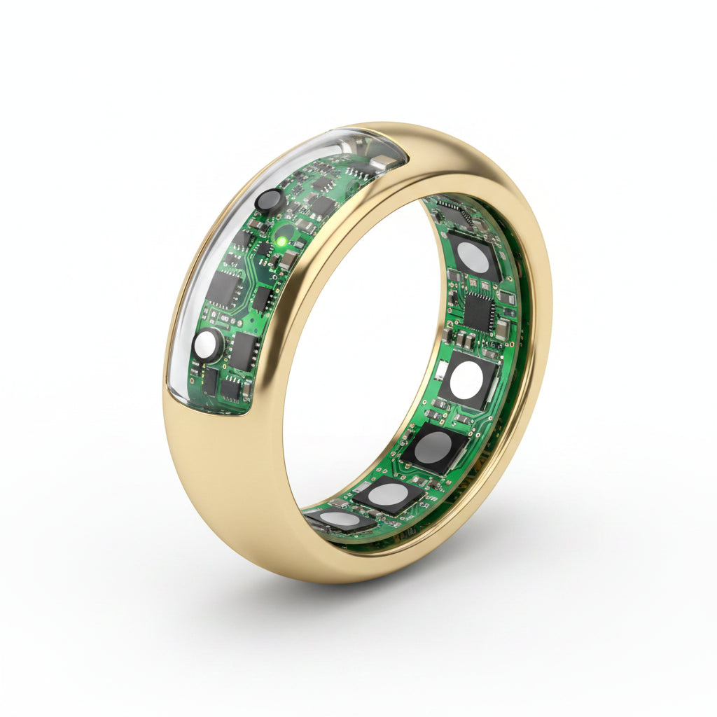 Gold smart ring with health tracking features on a white background