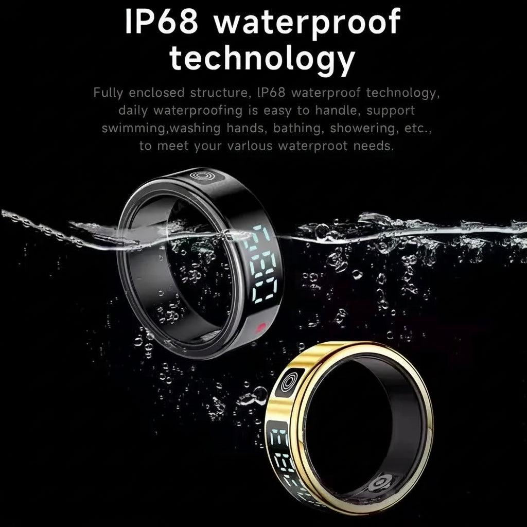 Two digital rings with water splashes and text about IP68 waterproof technology on a black background.