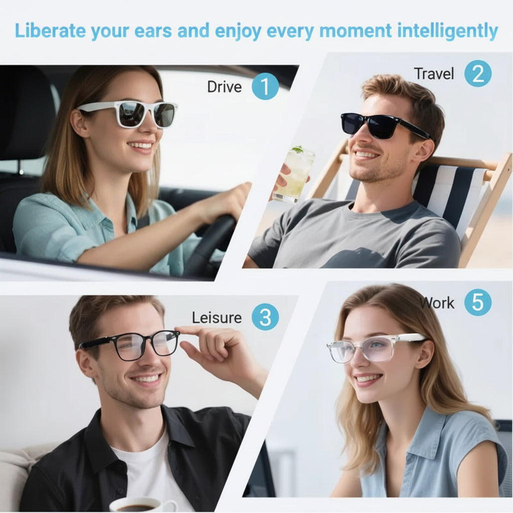 People wearing glasses in different scenarios with text indicating use cases.