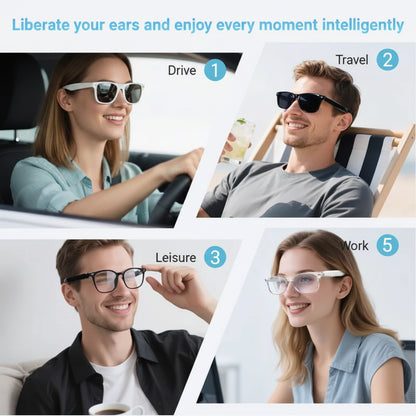 People wearing glasses in different scenarios with text indicating use cases.