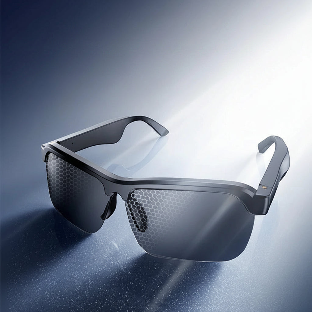 Smart Bluetooth Audio Glasses on a reflective surface with text highlighting features.