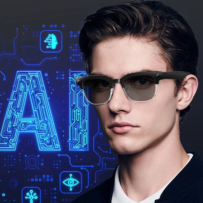 Smart translation glasses with a person wearing them, set against a dark background with blue digital graphics.